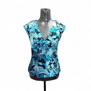 Vintage Y2K Satin Blue Swirl Babydoll Top Empire Waist V Neck Cap Sleeve Small